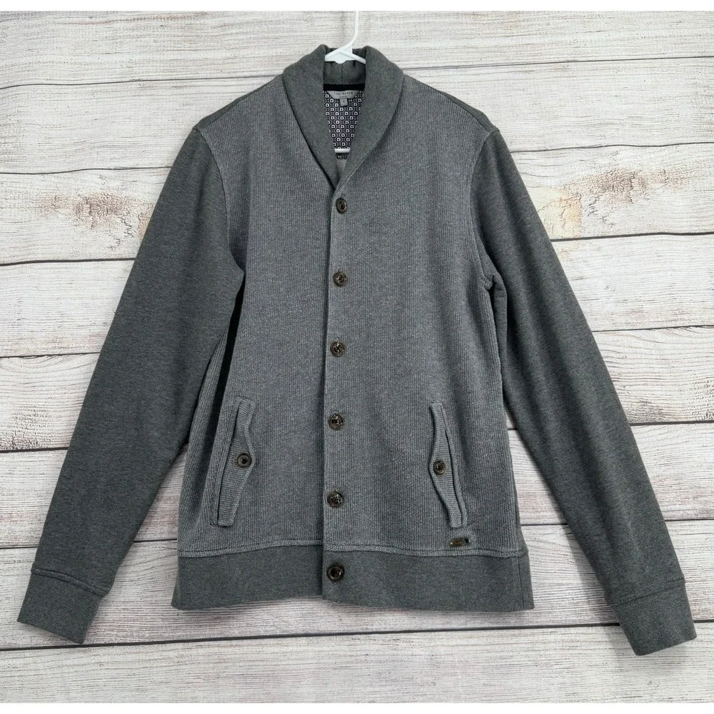 Ted Baker Berden Cardigan Men 3 Grey Shawl Collar Button Knit TA4M GB85